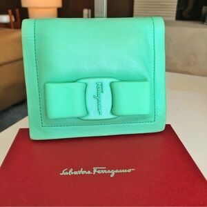 Salvatore Ferragamo Mint Green Viva Bow Leather Wallet